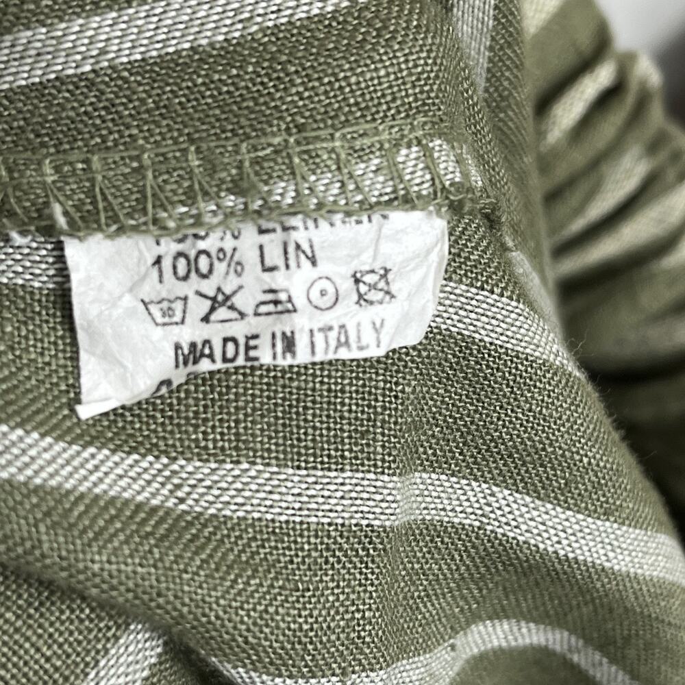 100% Lin Blanc Drawstring Linen Trousers Women's 38 Olive Green & White Striped - Picture 7 of 11